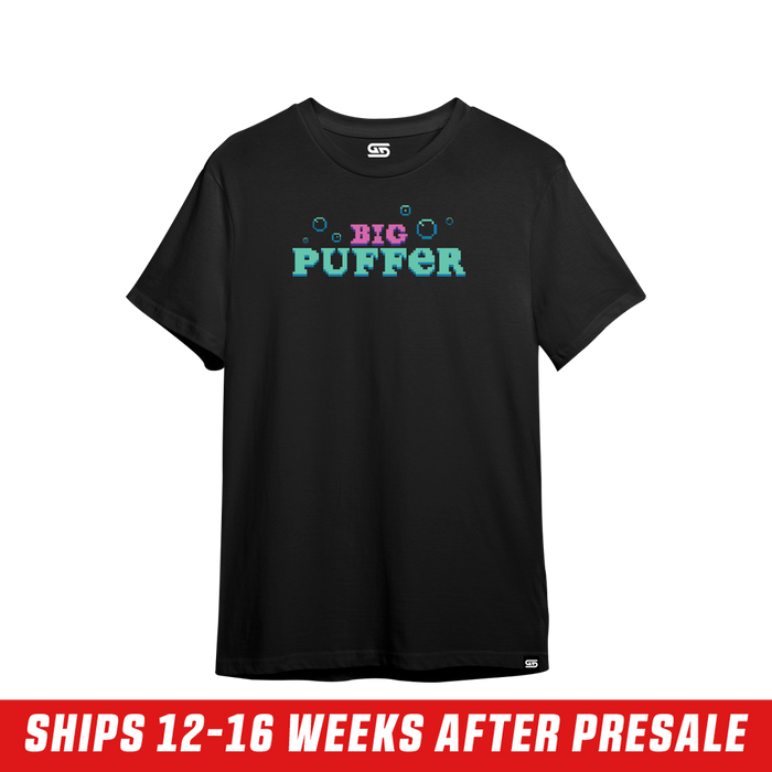 Black short-sleeve shirt with a small pixel art design of a crowned figure and purple plant near the neckline on the back.
