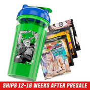 Clear shaker cup with blue lid, green flip cap, green mixing insert, and bold black and white logo on the side.