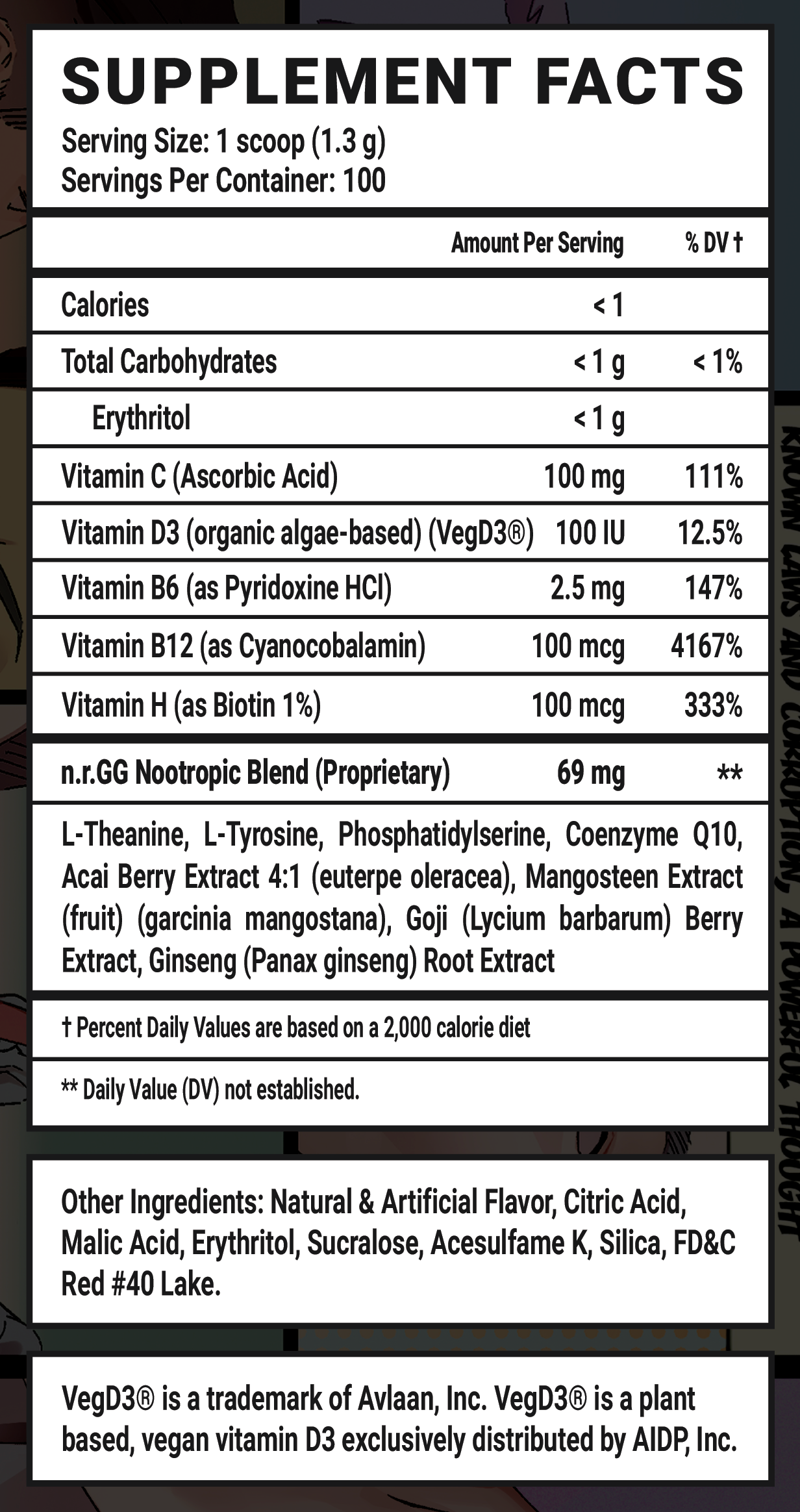 Steven He's Emotional Damage Caffeine Free - 100 Servings Nutrition Chart