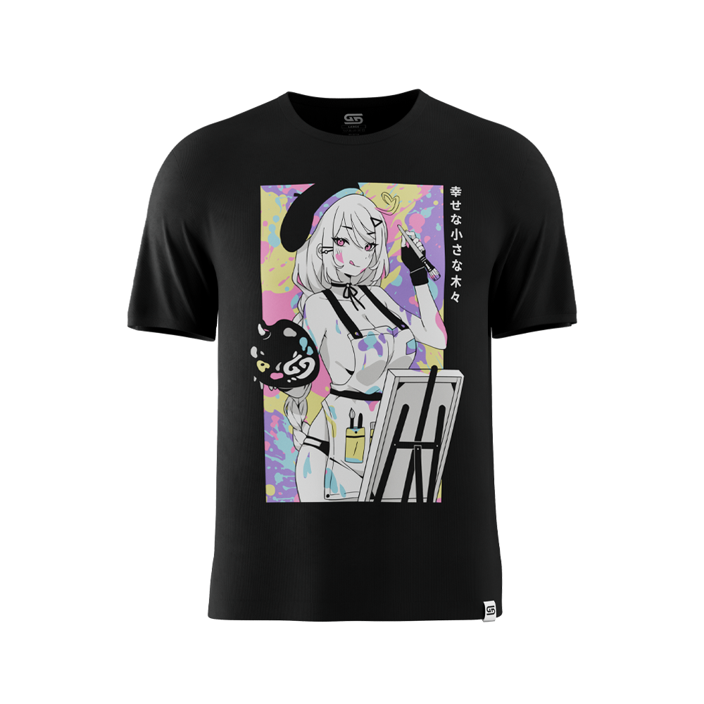 Black shirt with colorful anime-style artwork of a girl with a long braid and beret painting on a canvas on the back.