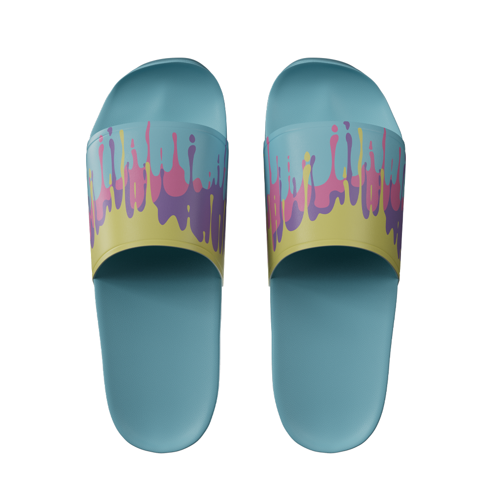 Light blue slides with yellow straps featuring pink and purple paint drip patterns across the top band.