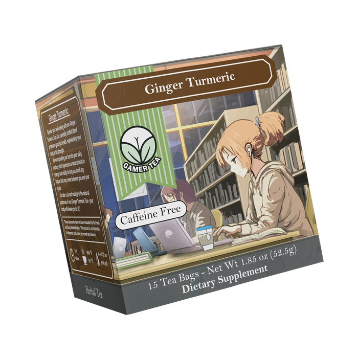 Supplement facts label for herbal tea with turmeric root, organic ginger root, and stevia leaf extract on a brown background.
