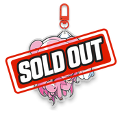 Chibi-style keychain featuring a pink-haired girl with bear ears holding a small pink bear plush and a red clasp.