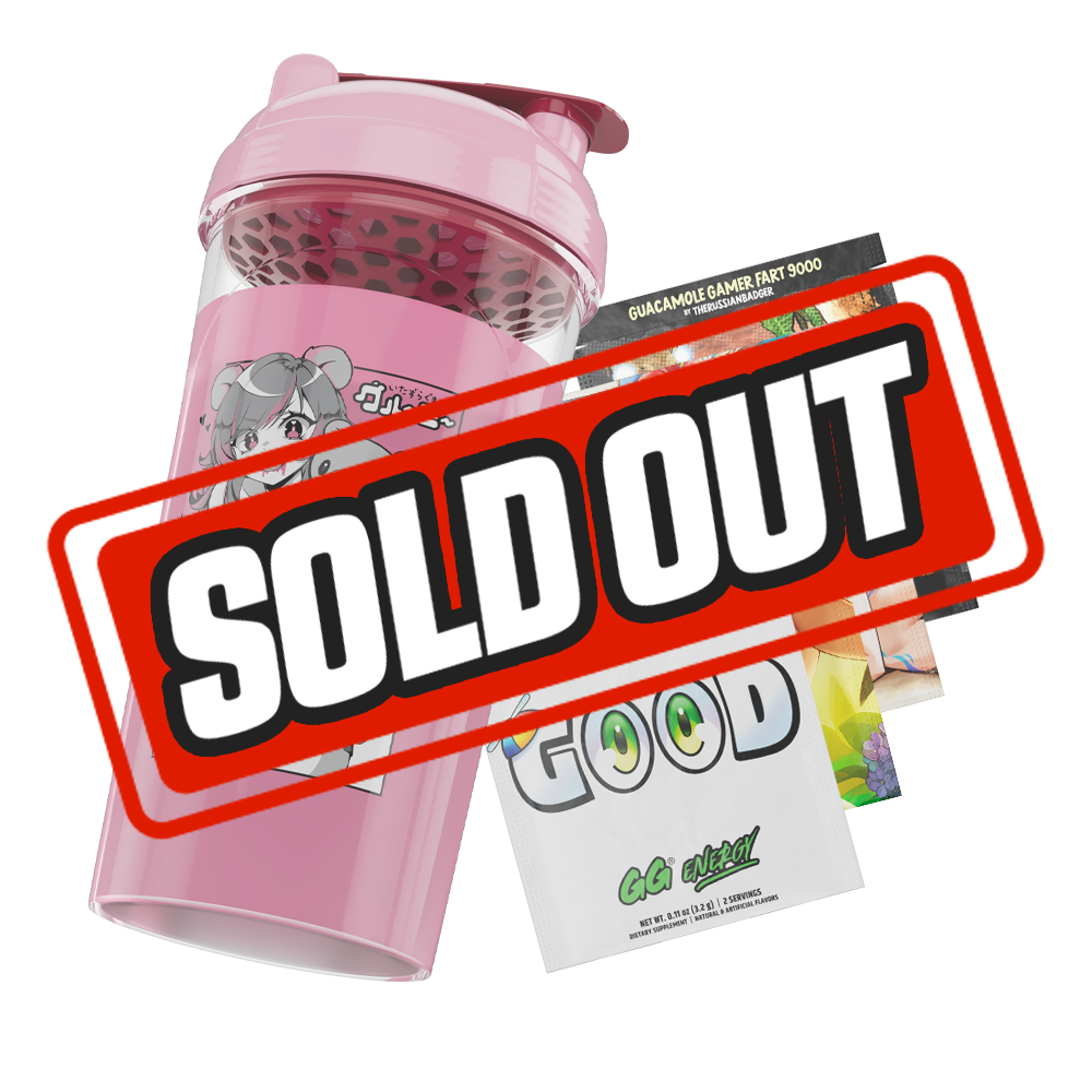 Clear shaker cup with pink lid and honeycomb strainer, featuring black Gloomy Bear logos and text.