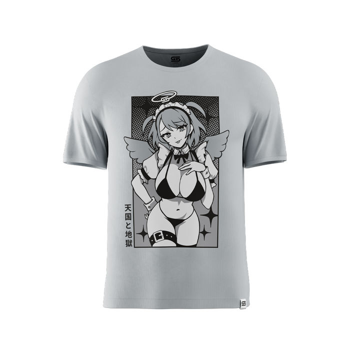 Grey shirt with a black and white anime-style maid character holding a scythe and Japanese text on the back.