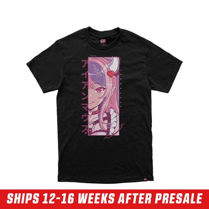 Black short-sleeve shirt with a small pink stylized logo centered at the upper back below the neckline.