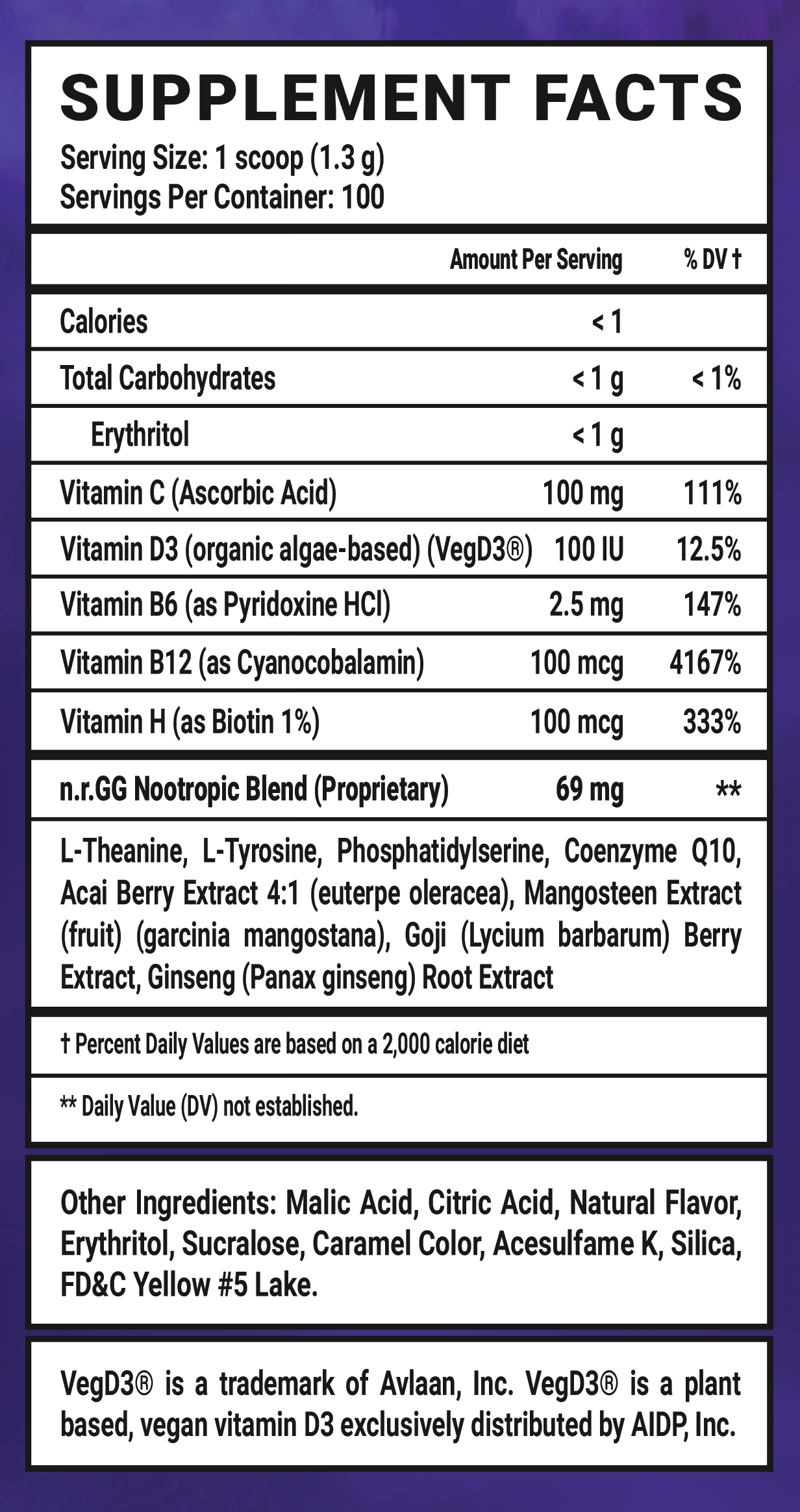 JoJo's Ocean Stone Fruit Caffeine Free - 100 Servings Nutrition Chart