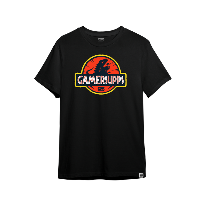Black short-sleeve shirt with a small red and yellow stylized "S" logo centered near the upper back neckline.