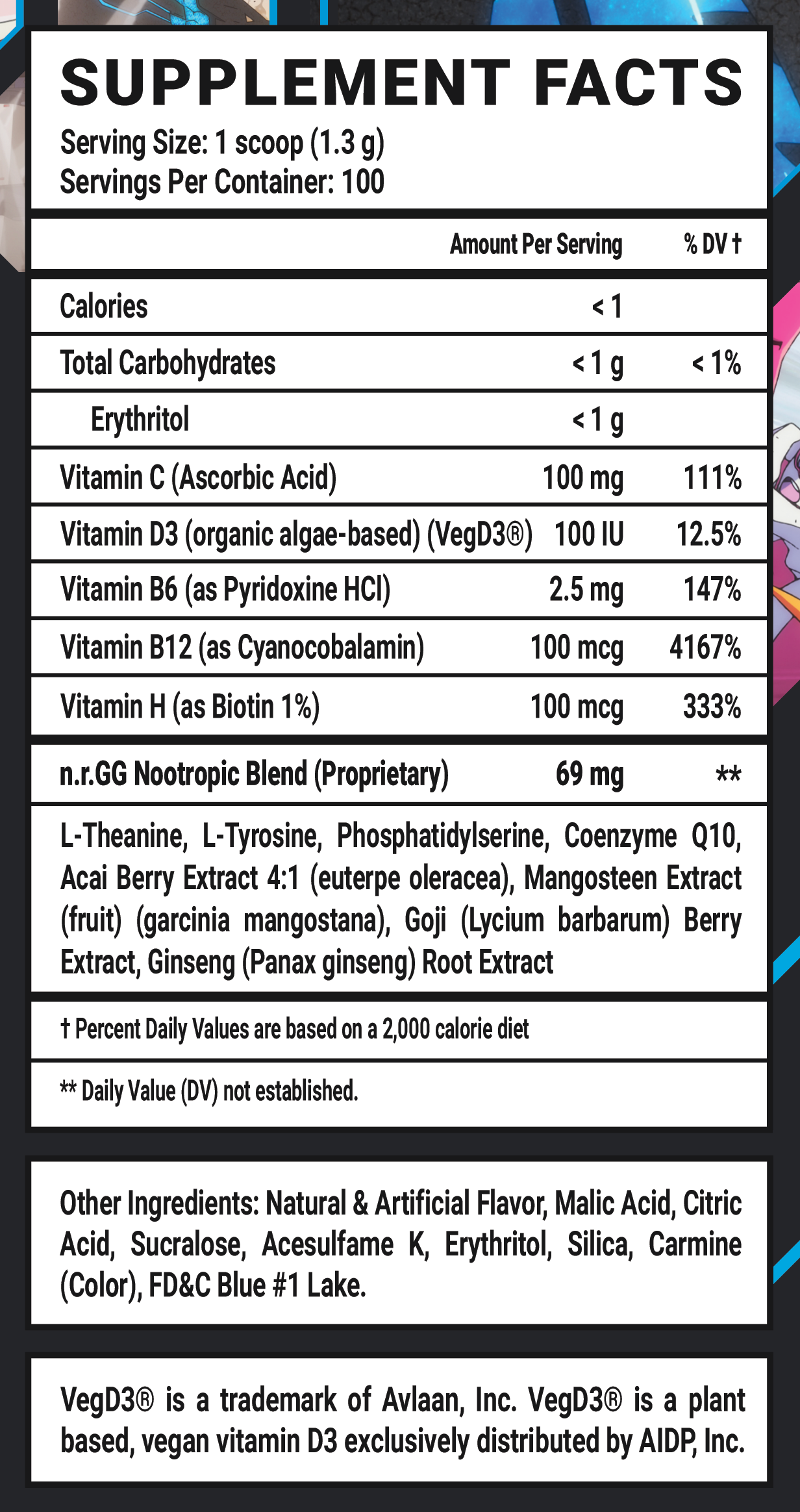 Klaxosaur's Blood by DARLING in the FRANXX Caffeine Free - 100 Servings Nutrition Chart