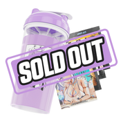 Clear plastic shaker cup with a purple lid and a bold black stylized "GS" logo on the side.