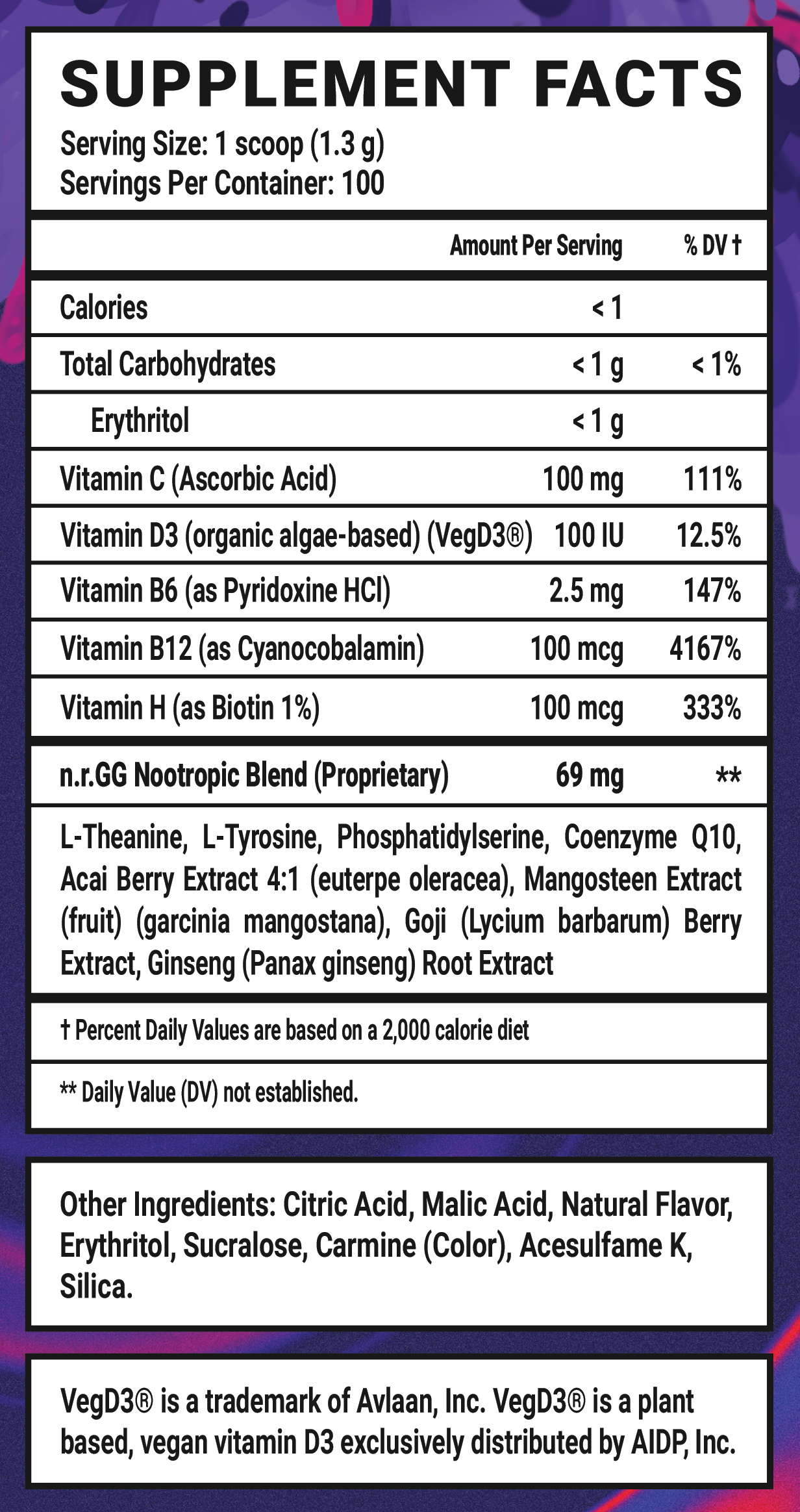 Lean Caffeine Free - 100 Servings Nutrition Chart