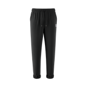 Black joggers with elastic waistband, drawstrings, cuffed ankles, and a small white logo on the right thigh.