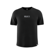 Black short-sleeve tee with white Japanese text in a rounded rectangle centered on the chest and a small logo tag at the hem.