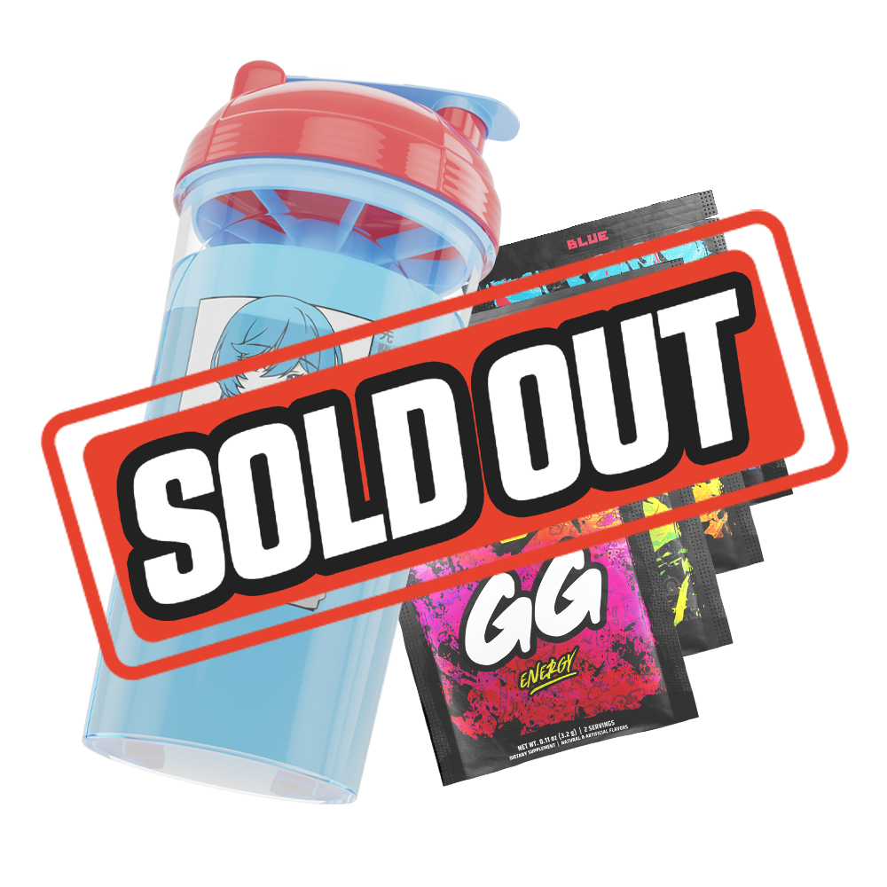 Clear shaker bottle with red lid, blue flip cap, and a black stylized "GD" logo on the side.