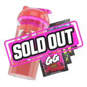 Clear shaker cup with a red lid, pink flip cap, and bold black stylized logo on the side