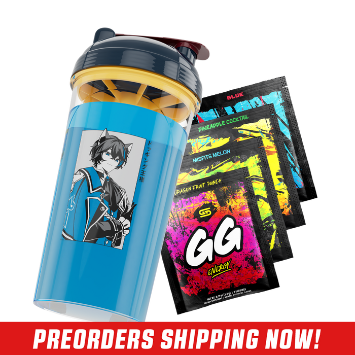 Clear shaker cup with black and yellow lid, featuring anime character with cat ears and Japanese text on the side.
