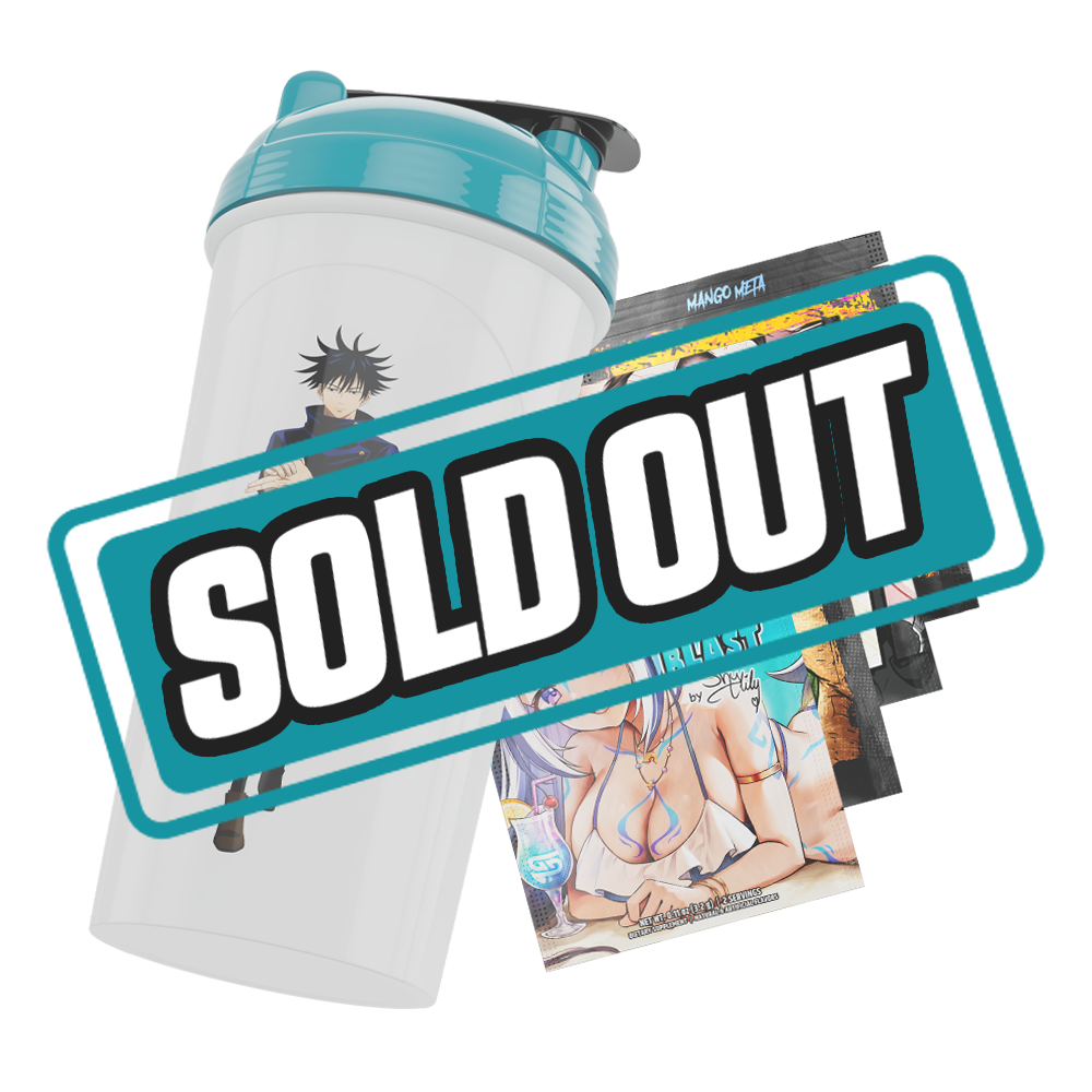 White shaker cup with teal lid featuring black stylized "G" logo and Jujutsu Kaisen Crunchyroll branding on the side