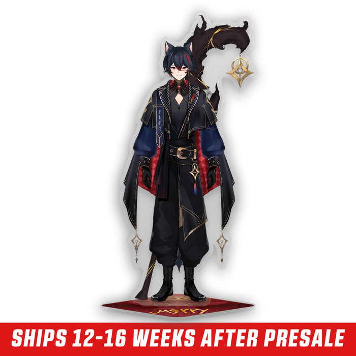 Black-haired character with cat ears wearing a dark blue and black outfit with gold accents on a red base standee