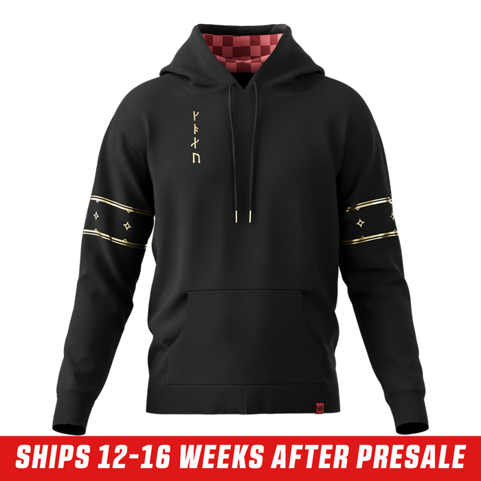 Black hoodie with gold geometric emblem and "MERRYWEATHER" text on back, plus gold decorative bands on sleeves.
