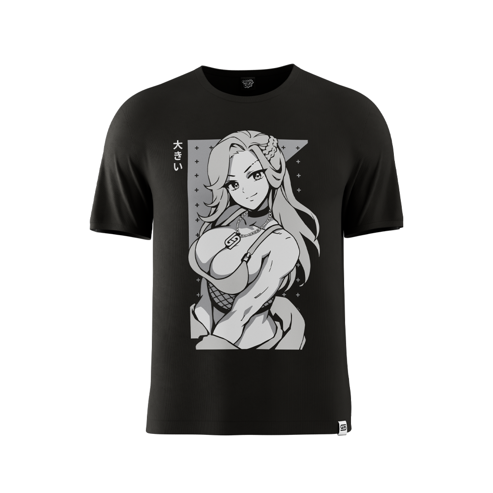 Black t-shirt with a grayscale anime woman with long hair and Japanese characters on the left side.