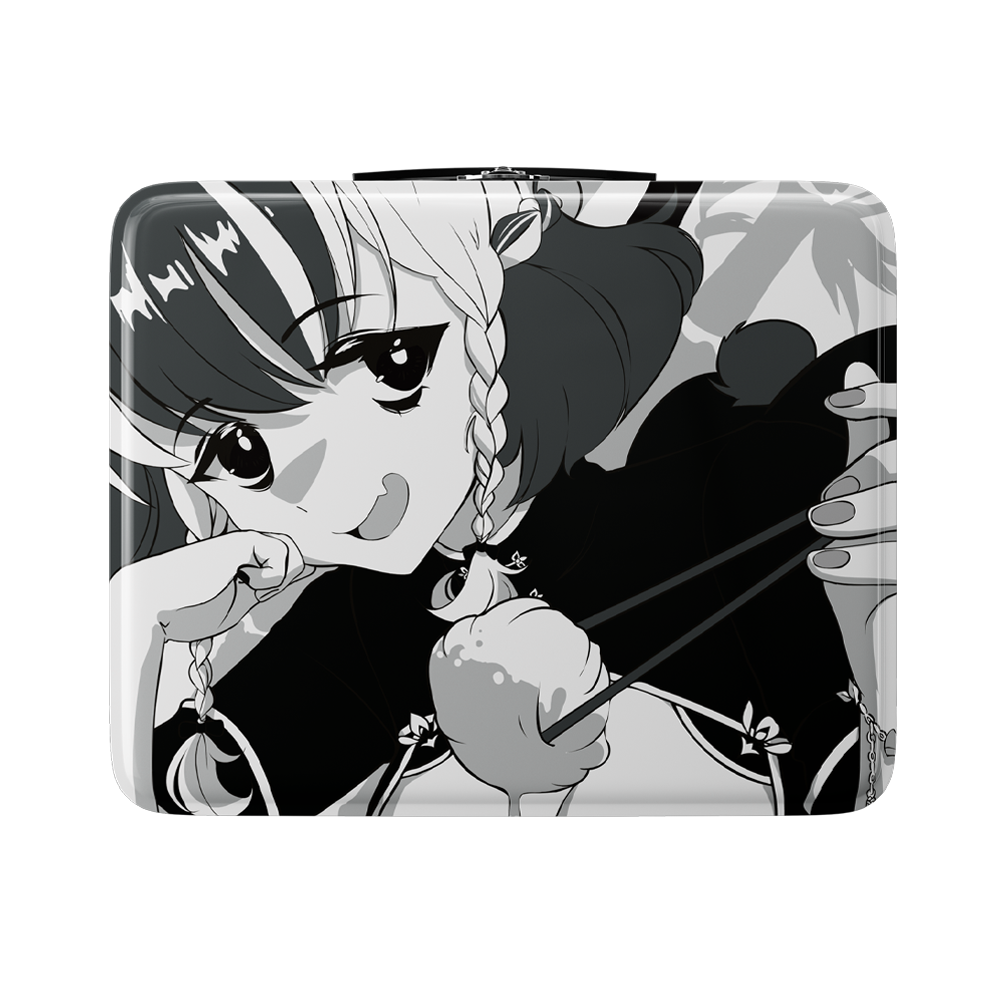 Black metal lunch box with anime girl illustration on lid and white Japanese characters on side.