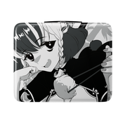 Black metal lunch box with anime girl illustration on lid and white Japanese characters on side.