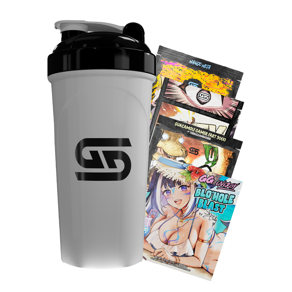 Gray shaker bottle with black lid and Gamer Supps logo, accompanied by colorful anime-themed supplement packets.