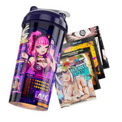 Dark purple shaker cup with pixel art neon cityscape and "SUS SNACKS" text on the side.