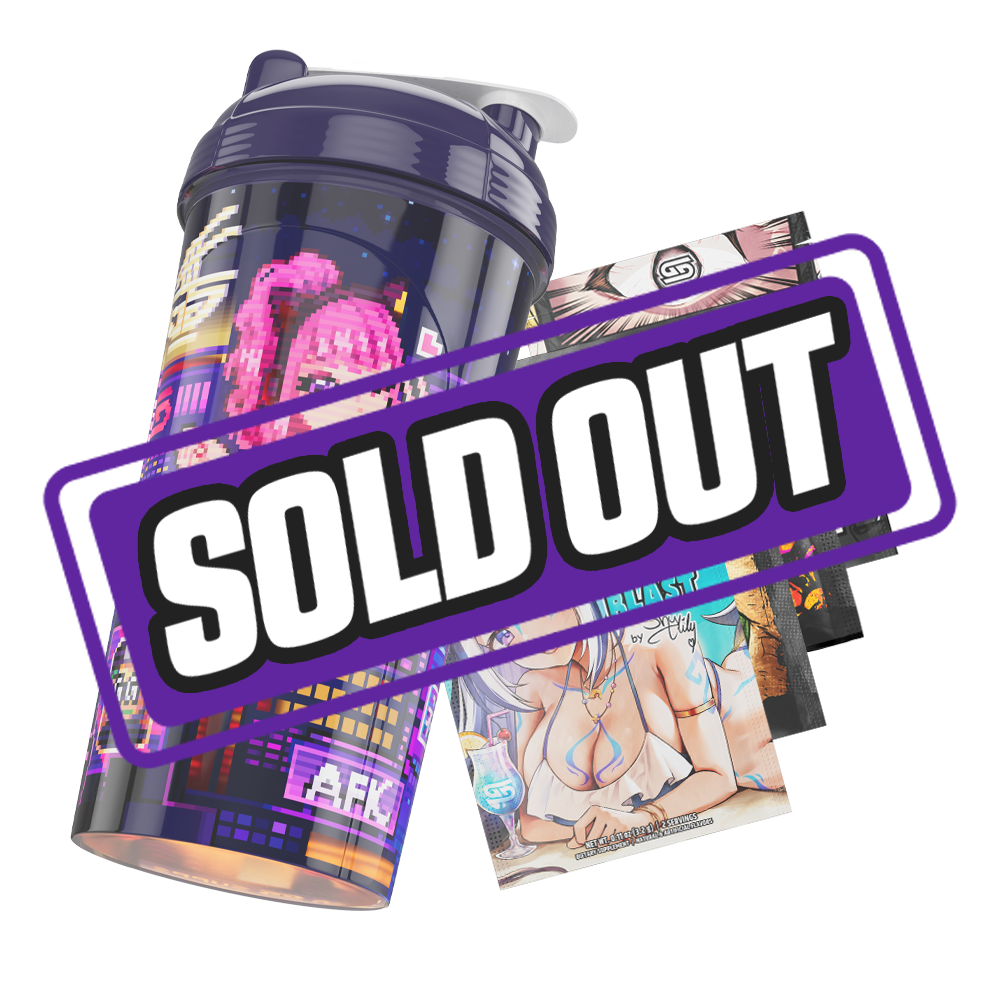 Dark purple shaker cup with pixel art cityscape and neon signs including "SUS SNACKS" and "GAMER SUPPS"