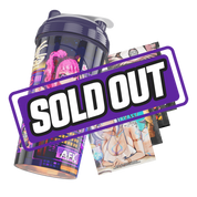 Dark purple shaker cup with pixel art cityscape and neon signs including "SUS SNACKS" and "GAMER SUPPS"