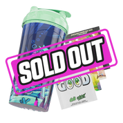 Blue pixel art cup with a green lid featuring a sea monster, skeleton, and underwater ruins design.