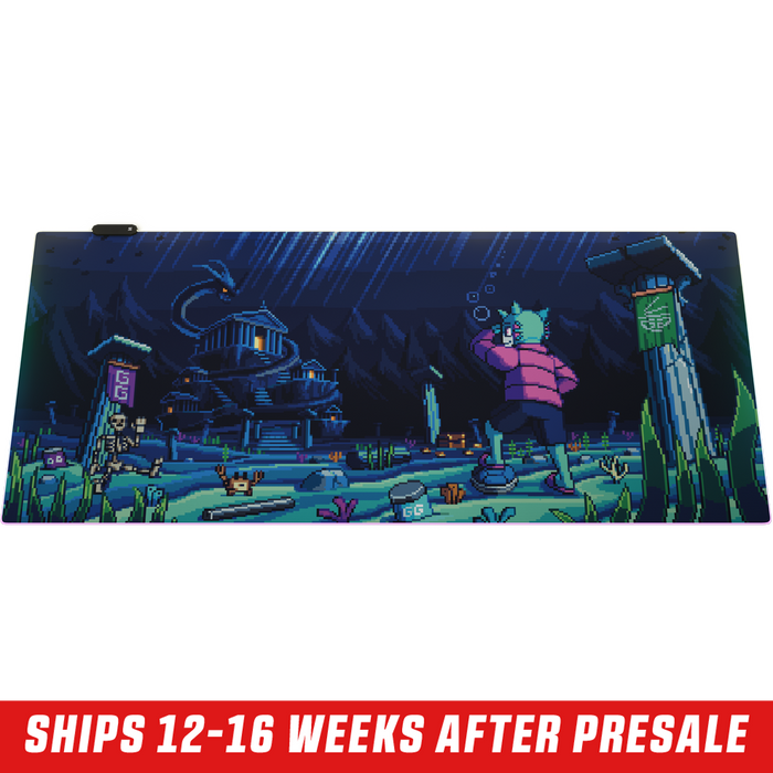 Pixel art style RGB mouse pad with a night scene of a character in a pink jacket near a dark mansion and pillars.