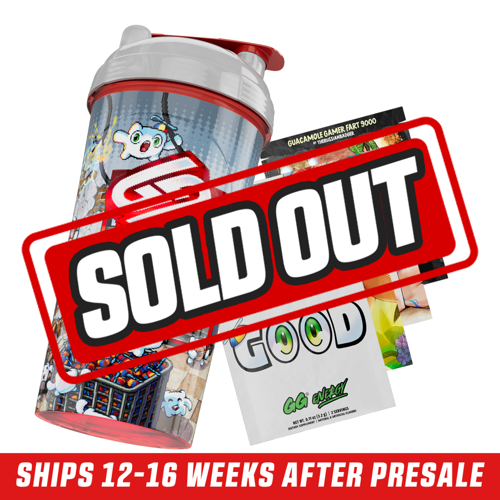 Clear shaker cup with red lid featuring pixel art of a broken vending machine and cartoon clouds on a tiled floor.