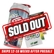 Clear shaker cup with red lid featuring pixel art of a broken vending machine and cartoon clouds on a tiled floor.