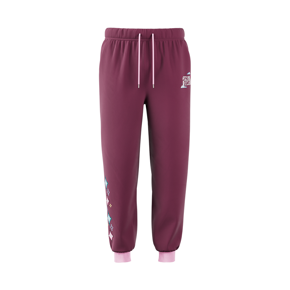 Mauve sweatpants with elastic waistband, pink cuffs, side pockets, and pixelated star designs near the ankle.
