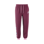 Mauve sweatpants with elastic waistband, pink cuffs, side pockets, and pixelated star designs near the ankle.