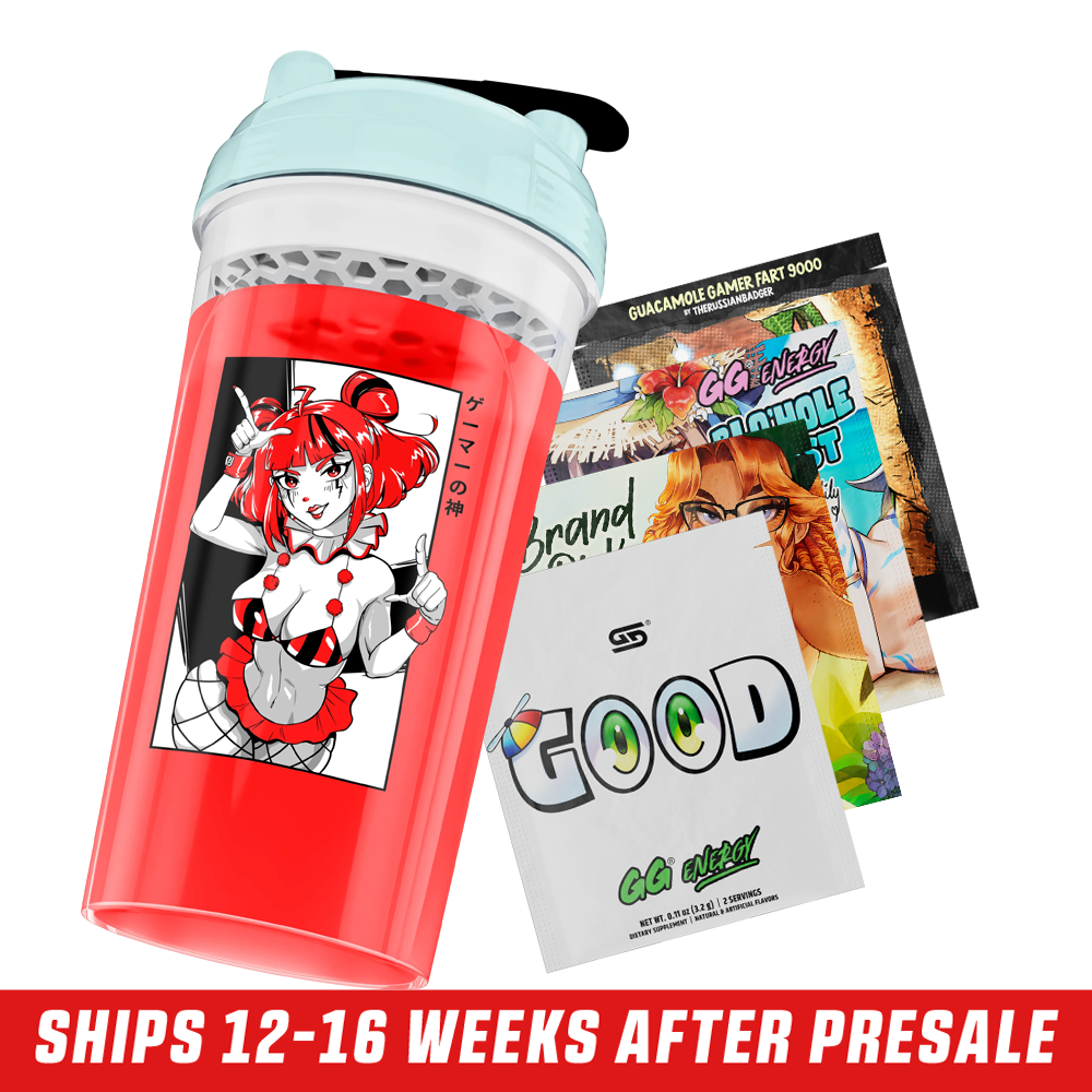Red translucent shaker cup with a blue lid featuring a red-haired anime girl in a bikini and fishnet stockings design.