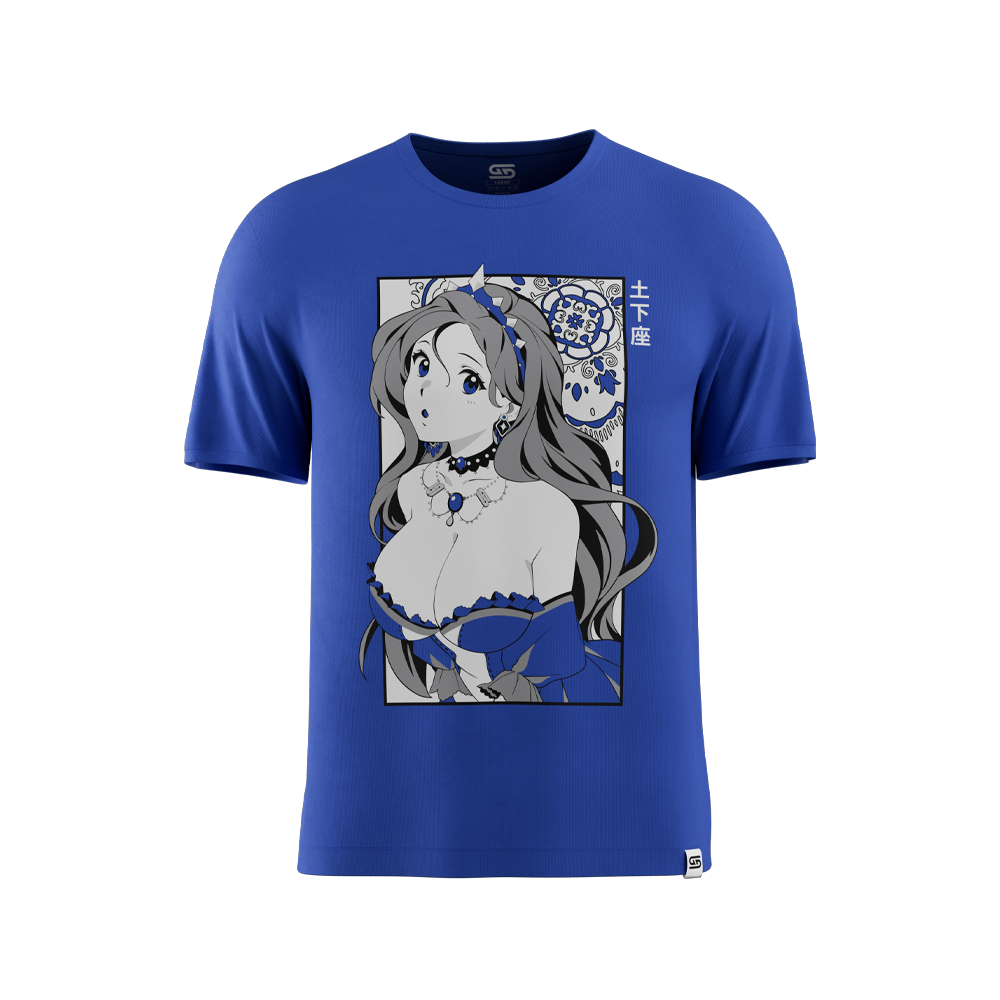 Royal blue shirt with anime-style woman wearing a blue dress and choker, framed by decorative patterns and Japanese text.