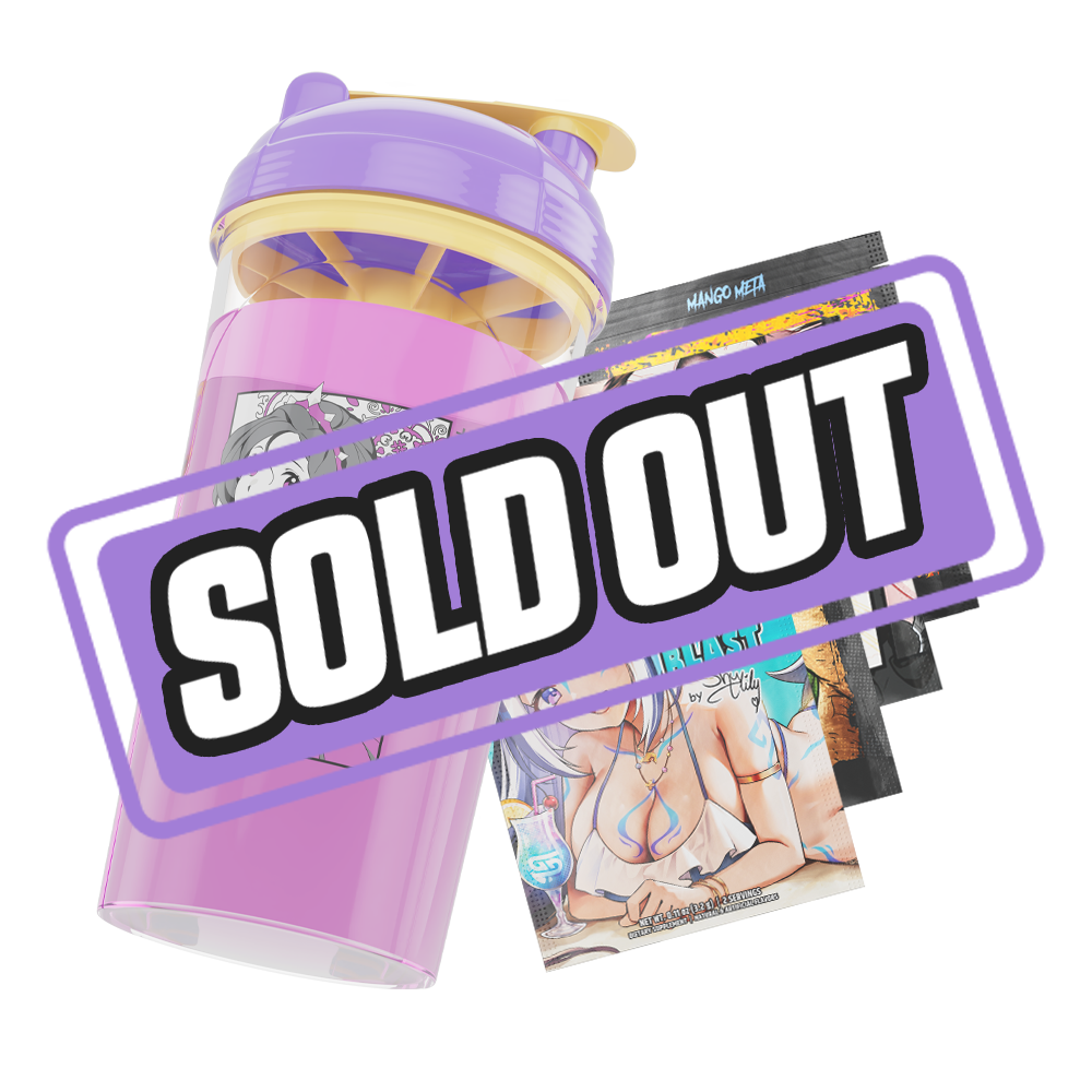 Clear shaker bottle with yellow and purple lid and a black stylized "GD" logo on the side.