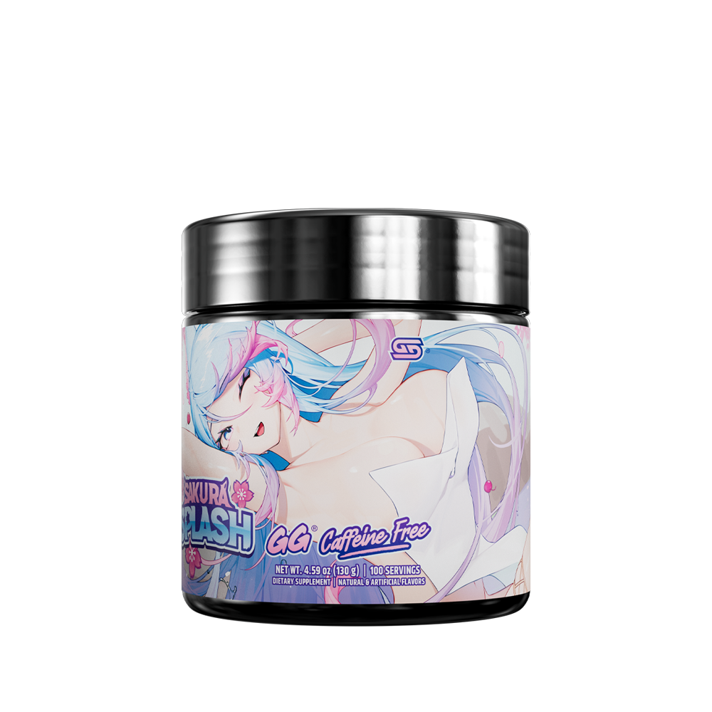 Black container with a purple and pink label showing detailed supplement facts and usage directions for Sakura Splash GG.