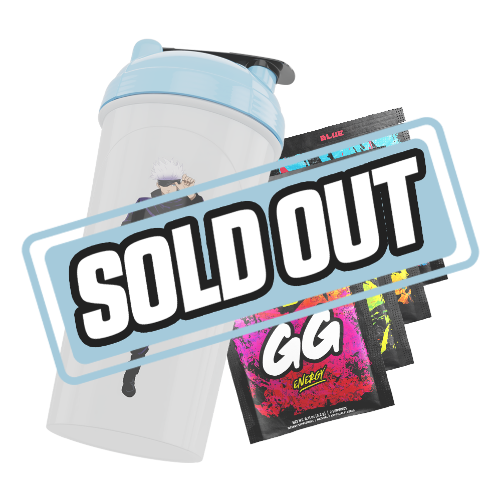 White shaker cup with a light blue lid featuring a black and white stylized "SG" logo and Jujutsu Kaisen text.