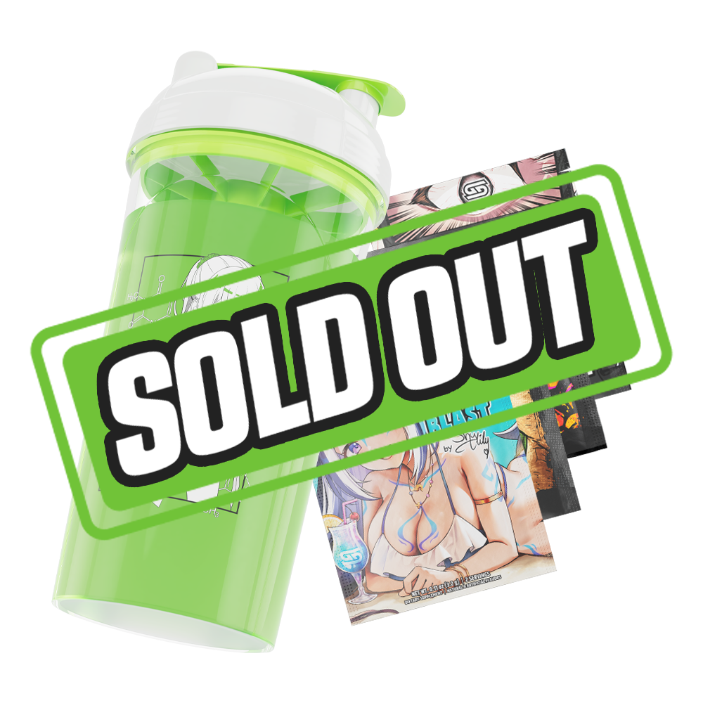 Clear shaker bottle with a green lid and internal mixing mechanism, featuring a bold black logo on the side.