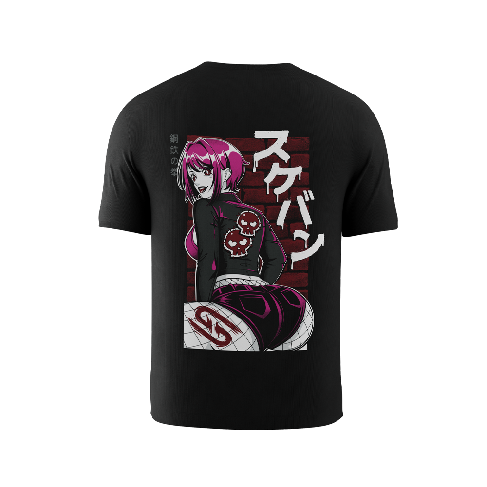 Black t-shirt sizing chart with measurements for chest, hem, sleeve, length, cuff, and shoulder from S to 6XL.