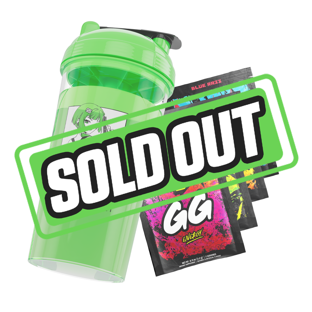 Clear shaker bottle with bright green lid and black flip cap, featuring a bold black and white stylized logo on the side.