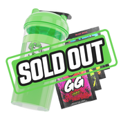 Clear shaker bottle with bright green lid and black flip cap, featuring a bold black and white stylized logo on the side.