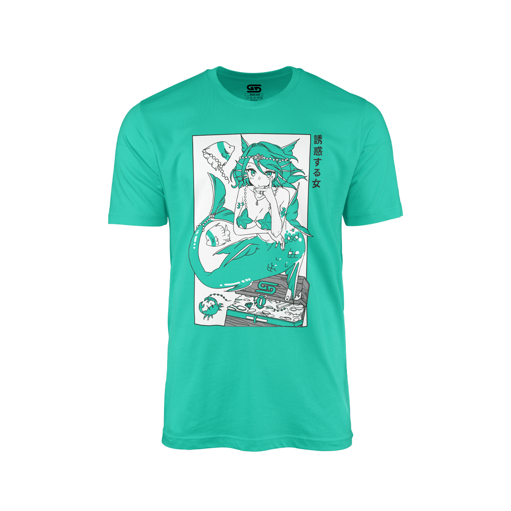 Turquoise shirt featuring a stylized anime mermaid with cat ears lounging on a treasure chest with Japanese text.