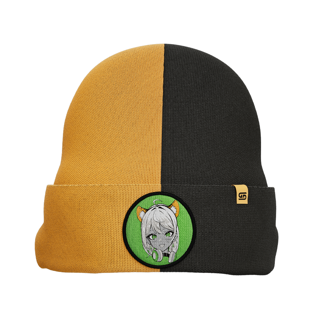 Two-tone black and mustard yellow beanie with a folded cuff featuring a green patch of a girl with cat ears and headphones.
