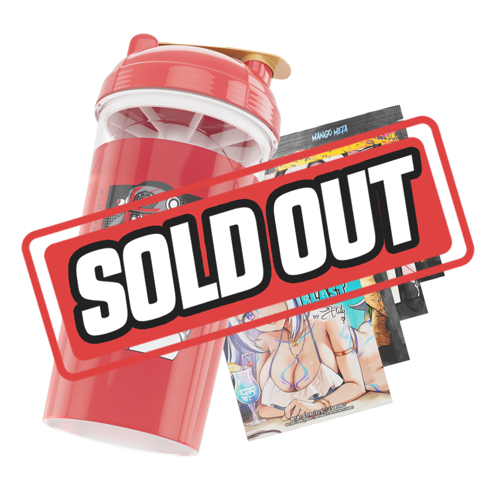 Clear shaker bottle with a red lid and yellow flip cap, featuring a bold black and white logo on the side.