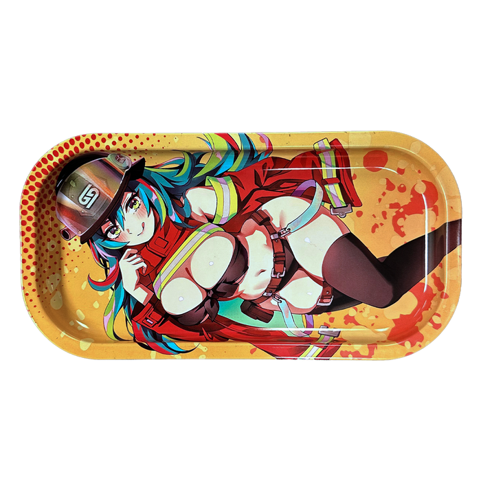 Rectangular yellow tray featuring a colorful anime-style female firefighter with blue hair and a red jacket.