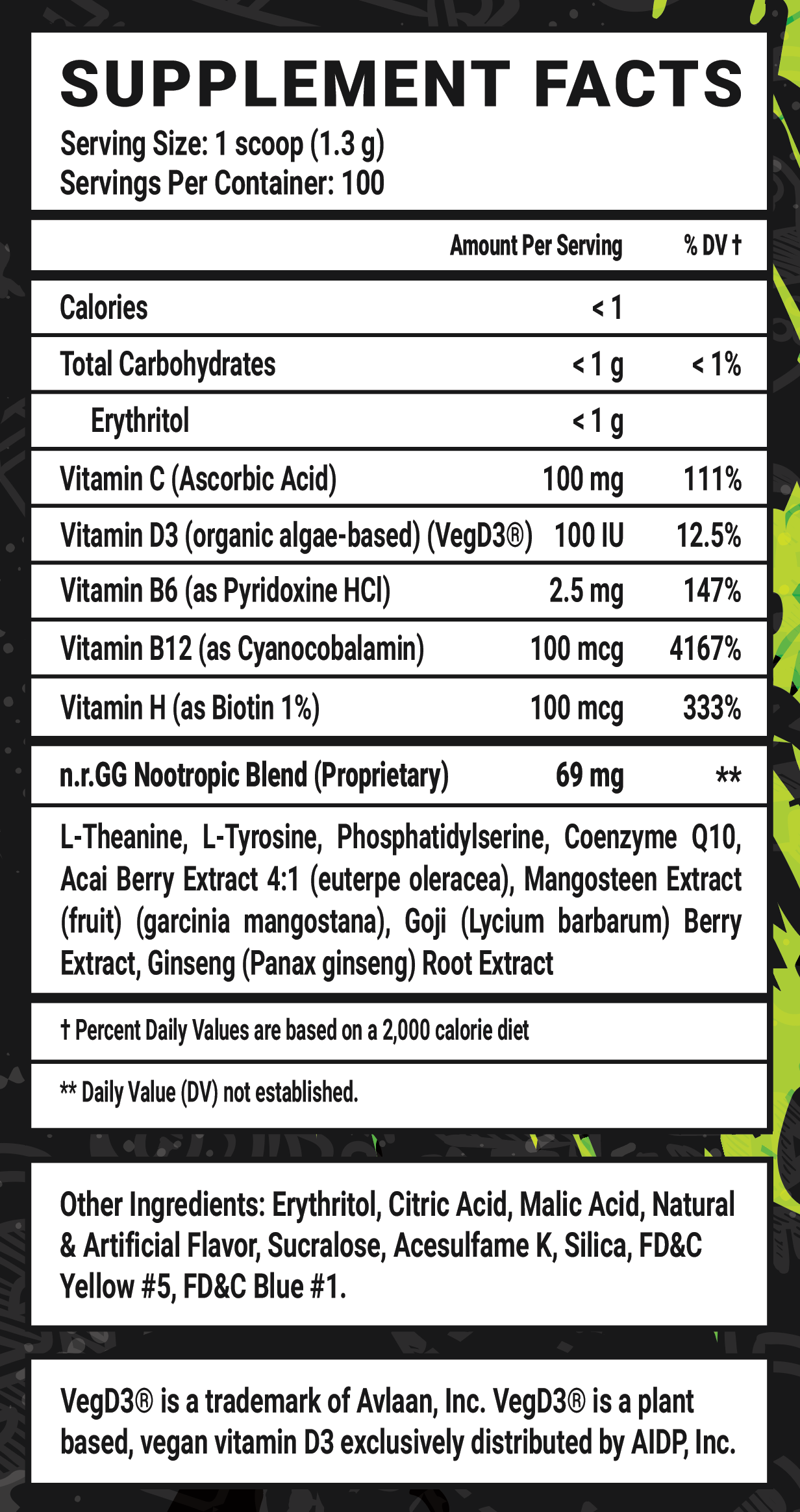 Sour Apple Caffeine Free - 100 Servings Nutrition Chart